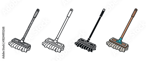 Collection of four dust mop vector icons presented in various graphic styles like a hand-drawn doodle, minimalist outline, simple silhouette, and colored cartoon