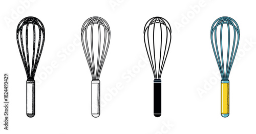Set of four kitchen whisks illustrated in various artistic styles, including a detailed sketch, simple outline, solid black silhouette, and a vibrant color version