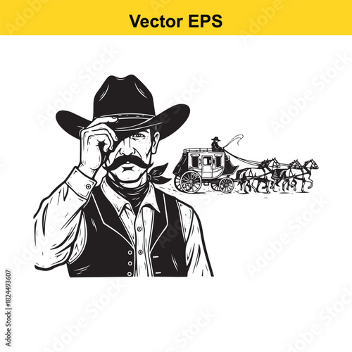 Vintage vector illustration of a cowboy tipping his hat with a stagecoach in background