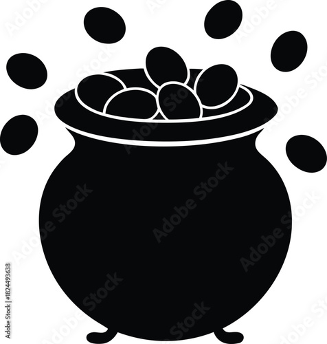 Black silhouette of a pot overflowing with coins on a white background