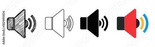 Set of four speaker volume icons in diverse artistic styles, including a hand-drawn sketch, a clean outline, a bold silhouette, and a vibrant flat color vector graphic