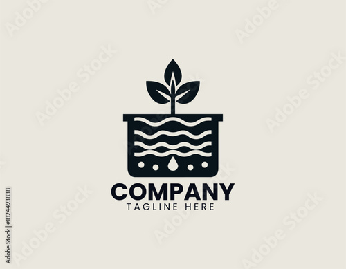 Hydroponic plant growing in a nutrient water system crafted in a clean bold black vector illustration logo