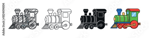 Four toy steam locomotive engine icons presented in a collection of artistic styles from a hand-drawn sketch and outline to a solid black silhouette and a colorful cartoon