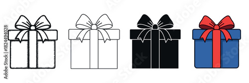 Four gift box icons in different styles including sketch, outline, silhouette, and color for graphic design projects, showing a present with a ribbon and bow for celebrations