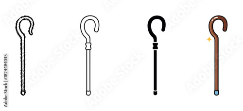 Set of four walking cane icons presented in various graphic styles, including a rough sketch, a clean outline, a solid black silhouette, and a shiny brown cartoon illustration