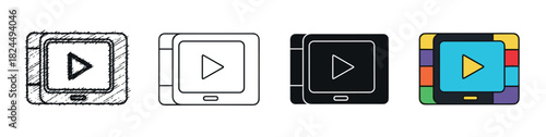 Set of video player or multimedia icons in four different design variations: hand-drawn sketch, thin line, solid black glyph, and colorful flat vector illustration