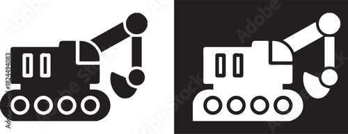 Excavator icon in black and white for construction and industry