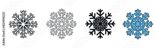 Collection of four snowflake vector icons showing different artistic styles like hand-drawn sketch, clean line art, solid silhouette, and a simple blue color version