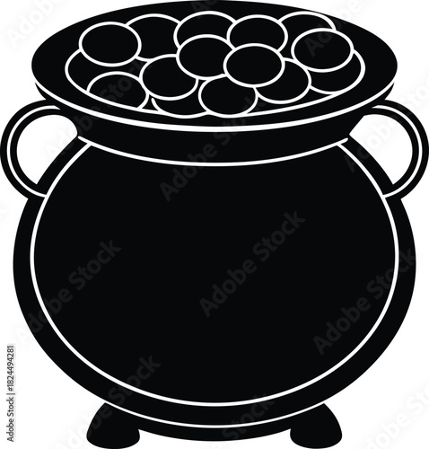 Treasure Pot silhouette round cauldron filled with coins black vector 1