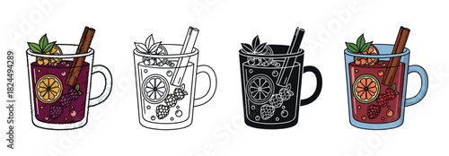 Set of mulled wine illustrations in glass mugs with cinnamon sticks, orange slices, and berries, presented in color, line art, and silhouette styles