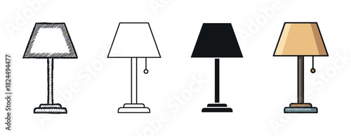 Set of four table lamp icons presented in various artistic styles, including a hand-drawn sketch, a clean outline, a solid silhouette, and a simple flat color illustration