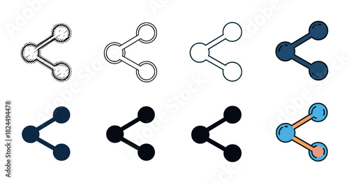 Collection of share button vector icons presented in multiple design styles like outline, solid glyph, hand-drawn sketch, and colorful cartoon for web and app interfaces