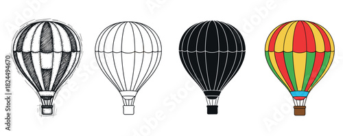 Four hot air balloon vector illustrations presented in a collection of styles, featuring a hand-drawn sketch, a clean outline, a bold silhouette, and a colorful flat design