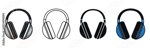 Four headphone illustrations in different artistic styles including sketch, outline, silhouette, and flat color design, creating a versatile icon set for audio and music concepts