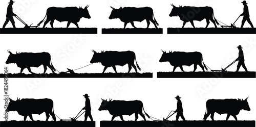 Silhouette of farmer plowing field with oxen, agriculture, rural life, traditional farming, countryside work, cultivation, livestock, soil, village, labor