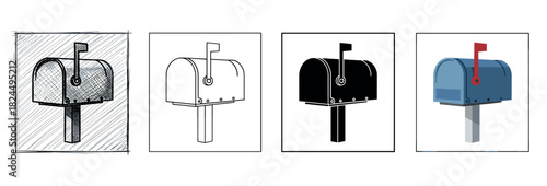 Set of four mailbox illustrations showing different artistic styles, including hand-drawn sketch, simple outline, black silhouette, and a colorful flat vector design