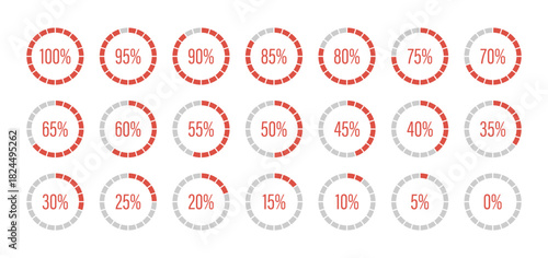 Red progress bars. Template of red and gray color fill pie charts indicator. Round percentage infographic. Round graph loading progress set. Diagrams icons for infographics from 0 to 100 percent.