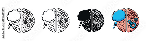 Four brain icon variations illustrating the concept of left and right brain hemispheres with creative thought clouds and logical mechanical gears in different graphic styles
