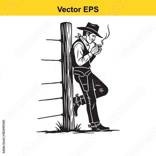 Vintage cowboy leaning on fence post smoking pipe in black and white vector