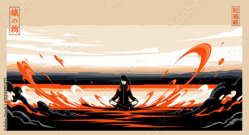 A powerful woman meditates in a Japanese art style, controlling swirling orange energy on dark water.