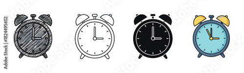 Set of four alarm clock icons in different artistic styles including hand-drawn scribble, simple outline, solid black silhouette, and a colorful flat cartoon vector illustration