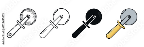 Four pizza cutter kitchen utensil icons presented in a collection of various design styles like hand-drawn sketch, simple line art, solid glyph, and colorful flat illustration