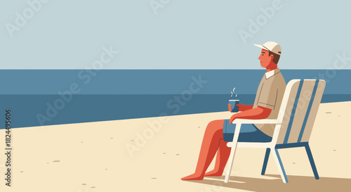 Man in a cap relaxing on a beach chair with a drink, gazing at the tranquil sea horizon.