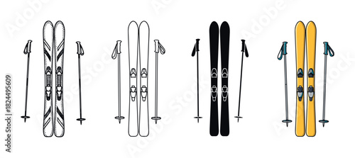 Four sets of alpine skis and poles are illustrated in various artistic styles, including detailed sketch, simple outline, solid silhouette, and flat color cartoon for winter sports concepts