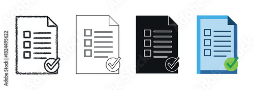 Set of four checklist icons in various graphic design styles including hand-drawn doodle, simple line art, solid glyph, and modern flat color for business task management