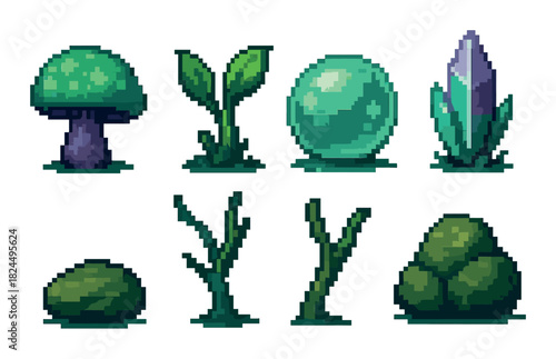 Set of pixel art game icons featuring fantasy nature elements like a mushroom, sprout, orb, crystal, rock, and bush, designed in a detailed retro 8-bit video game style