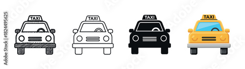 Set of four taxi car icons in various design styles including hand-drawn sketch, line art, solid silhouette, and yellow flat color vector for transportation concepts