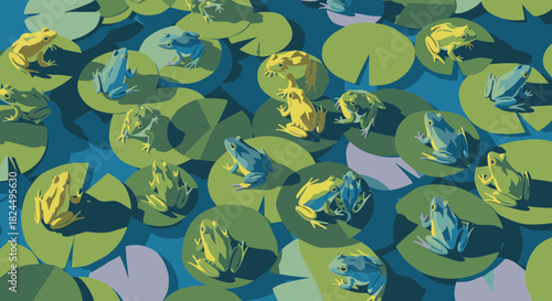 A vibrant, stylized illustration of numerous blue and yellow frogs resting on lily pads in a pond.