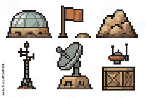 Pixel art space exploration icon set with a planetary base dome, satellite dish, communication antenna, and crate for a retro 8-bit video game asset collection