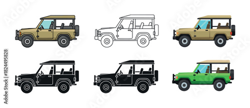 Set of off-road safari vehicle illustrations in various styles including flat color, line art, and silhouette, showing a rugged adventure truck from a side profile view