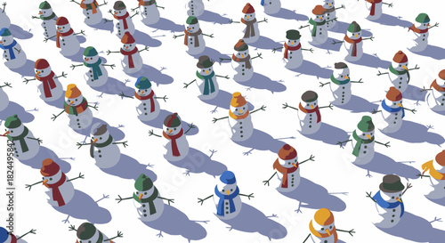 An army of colorful snowmen standing in rows casting long shadows on a white background.