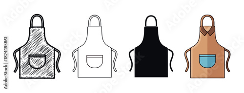 Collection of four kitchen aprons illustrated in various design styles, from a hand-drawn scribble and line art to a solid silhouette and a colorful flat cartoon