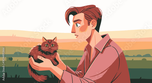 An illustrated young man with a surprised expression holding a fluffy brown cat outdoors in a field.