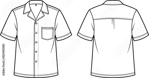 CAD drawing flat vector illustration, technical shirt sketch, button-up shirt design, fashion blueprint, garment construction, apparel template, sewing guide