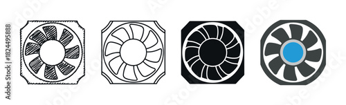 Set of four computer cooling fan icons showing different artistic styles including a hand-drawn sketch, a clean line art version, a solid silhouette, and a flat color design