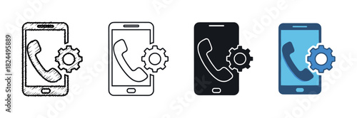 Phone call management and settings icon set with four different styles including hand-drawn sketch, line art, solid glyph, and flat color design for mobile service configuration