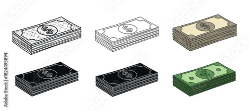 An illustrated set of various money stacks with dollar and euro currency symbols, depicted in multiple artistic styles such as doodle, outline, silhouette, and colored comic art