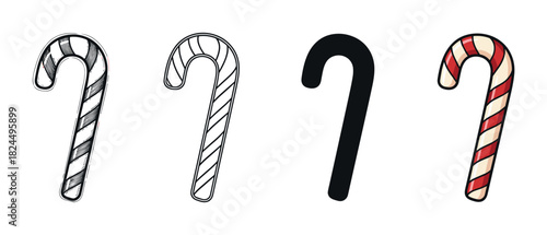 Set of four candy cane illustrations showing different artistic styles including hand-drawn sketch, simple outline, solid black silhouette, and a classic red and white cartoon version