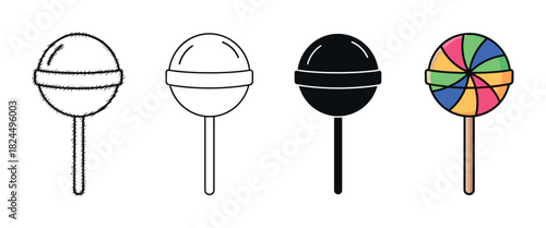 Set of four lollipop icons showing different design styles including a hand-drawn sketch, a simple line art drawing, a solid black silhouette, and a colorful cartoon illustration