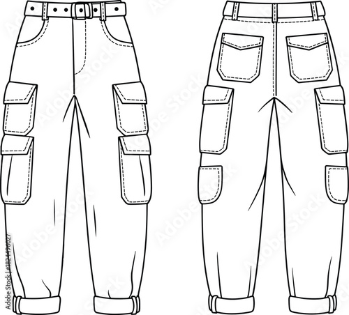 Cad drawing flat vector illustration, technical sketch of cargo pants, fashion design template, garment construction, utility apparel layout