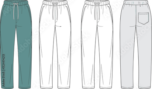 Cad drawing flat vector illustration, technical sketch of jogger pants, fashion design template, garment construction, casual apparel layout