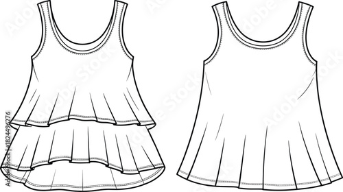 Cad drawing flat vector illustration, technical sketch of sleeveless tops, fashion design template, garment construction, flared hem apparel layout
