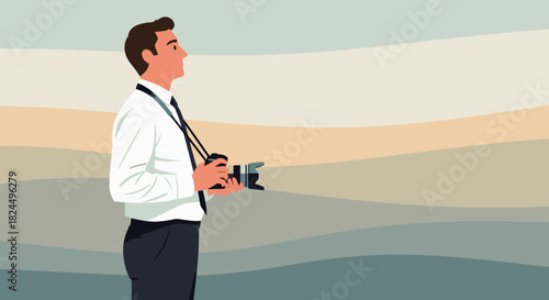 Side view of a male photographer in a shirt and tie holding a camera against an abstract landscape.