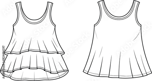 Cad drawing flat vector illustration, technical sketch of sleeveless tops, fashion design template, garment construction, flared hem apparel layout