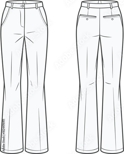 Cad drawing flat vector illustration, technical sketch of women’s trousers, fashion design template, garment construction, apparel blueprint layout