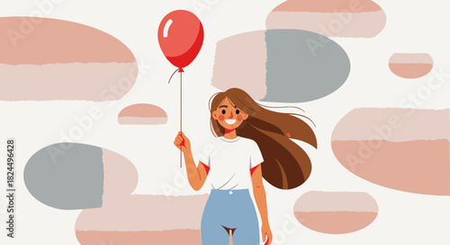 A happy young woman with long brown hair flowing in the wind holds a single red balloon against an abstract background.